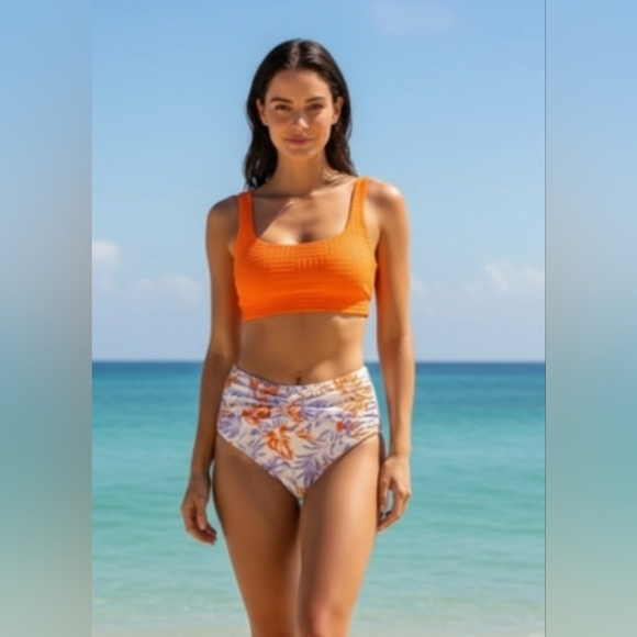 Cyn & Luca Other - Orange Retro Floral Textured Super High Waisted Bikini Set Size Small NWT